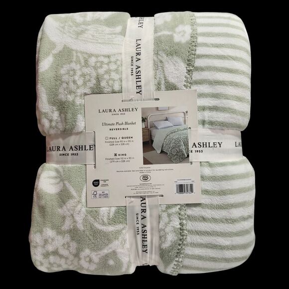 Laura‎ Ashley King Plush Blanket Reversible Floral Stripe Sage Ivory Shabby Chic - Picture 2 of 16